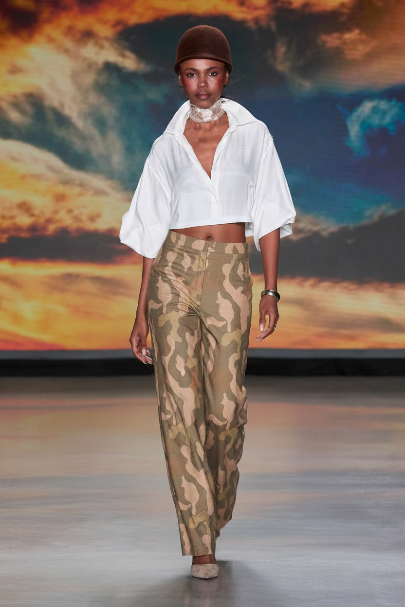 Camo Wide Leg Pant - Button Down at Waistline