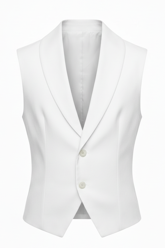 Ghost mannequin vest in white - front with inside neckline