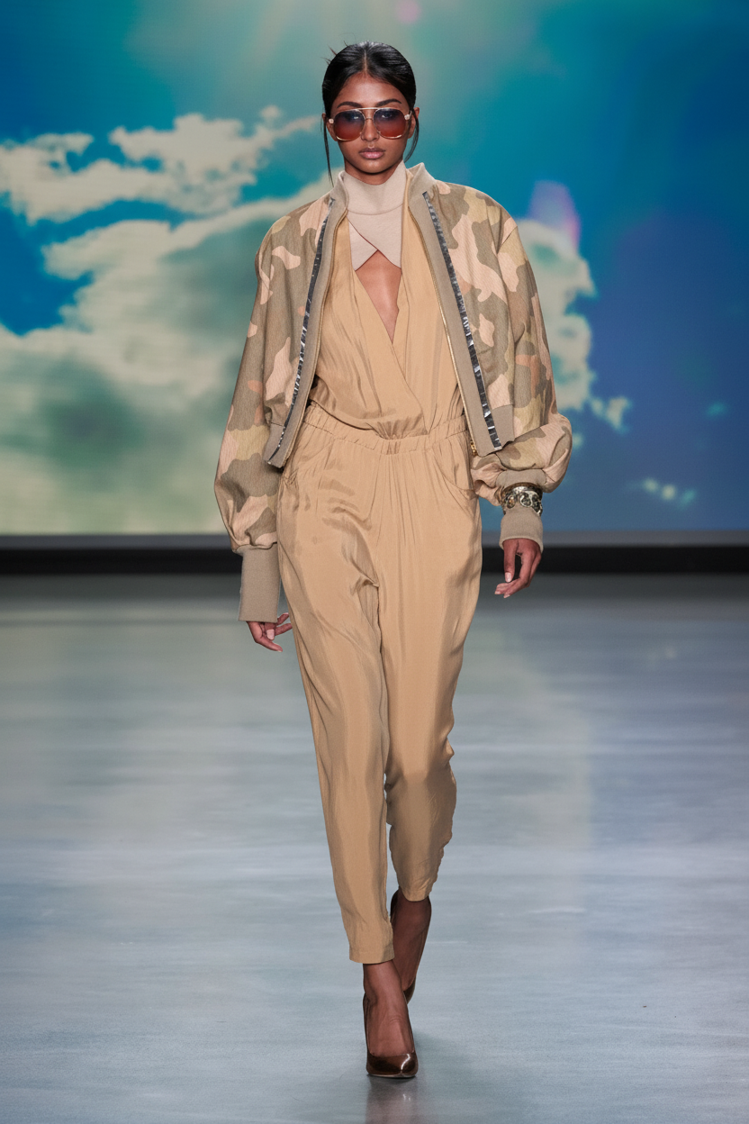 Runway Crop - Beige Jumpsuit & Camo Bomber